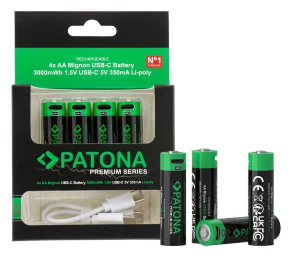 Premium USB-C 4x AA Mignon rechargeable batteries Lithium 3000mWh 1.5V rechargeable with 1 to 2 USB-C charging cable